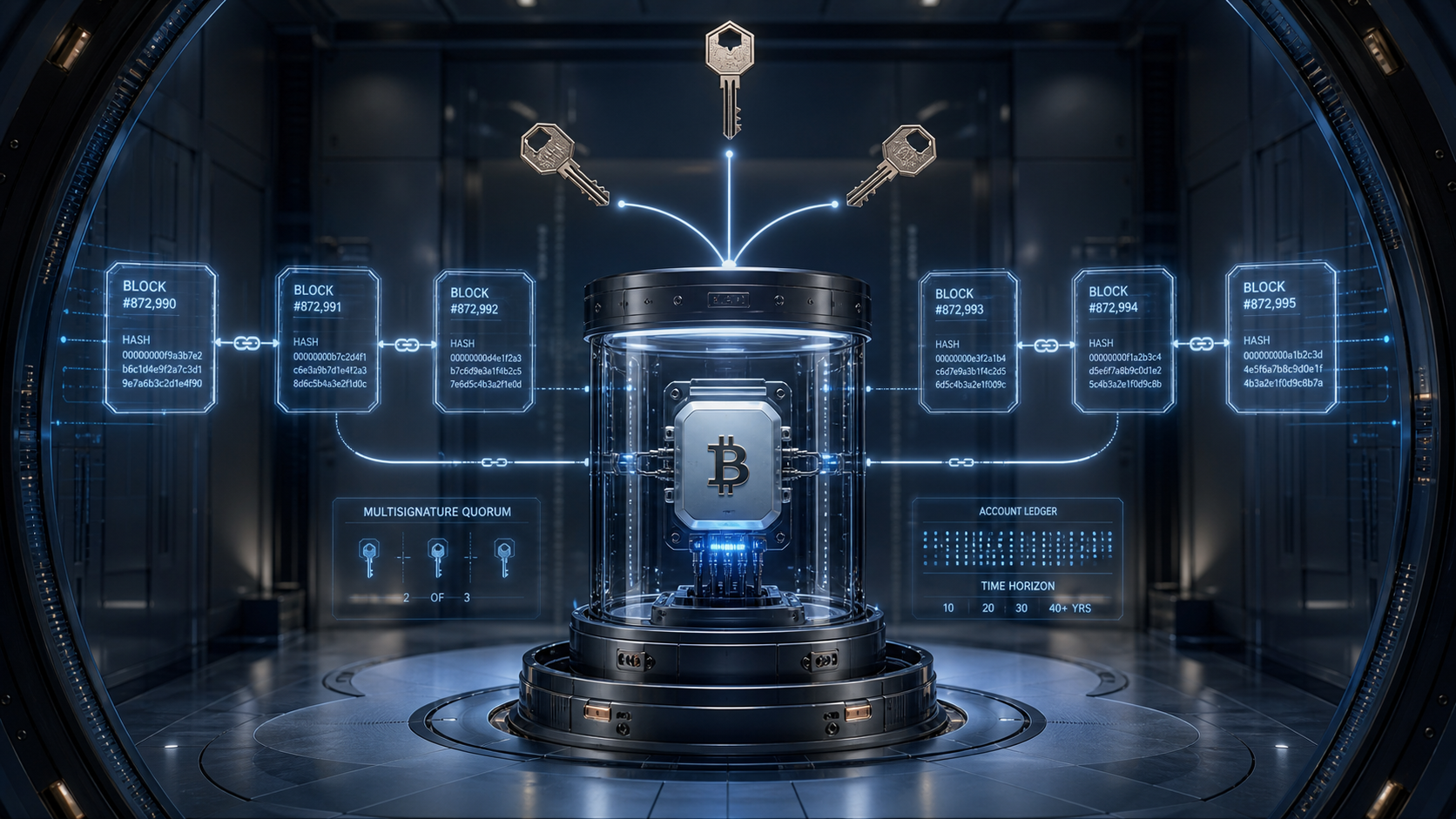 Bitcoin cold-custody signing core connected to ledger blocks and three physical authorization keys